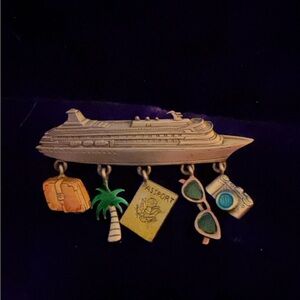 Jonette Jewelry vintage Cruise Ship Pewter Charm Brooch w/Colorful Accents 2.5”